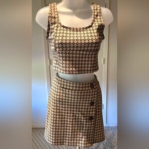 Pink Rose Checkered Tan & Brown Skirt Set